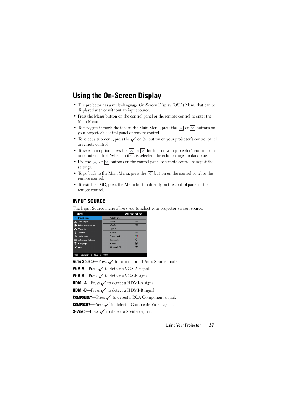 Using the on-screen display, Input source | Dell 7700HD Projector User Manual | Page 37 / 122