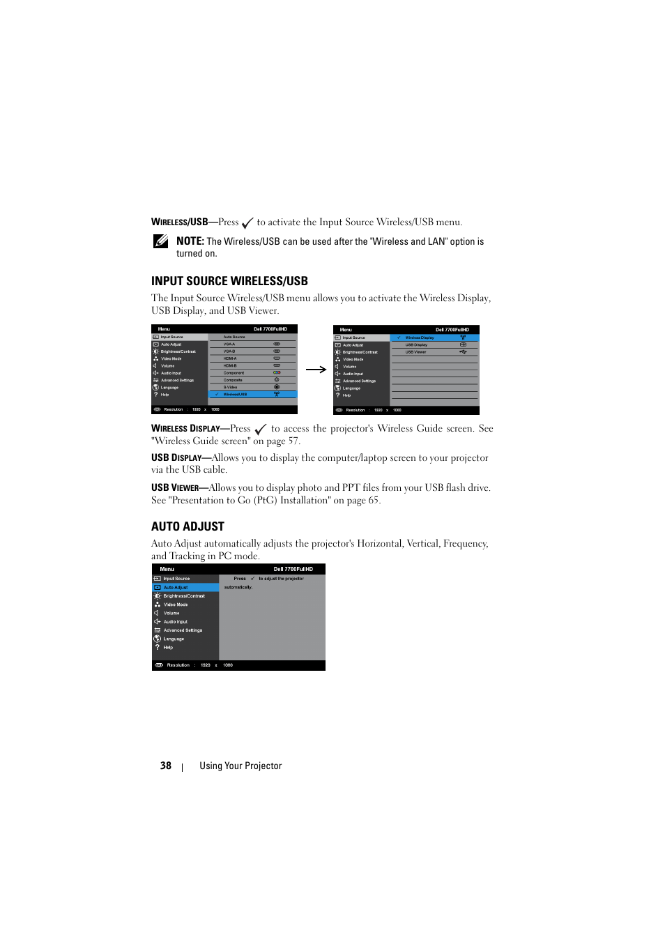 Input source wireless/usb, Auto adjust | Dell 7700HD Projector User Manual | Page 38 / 122