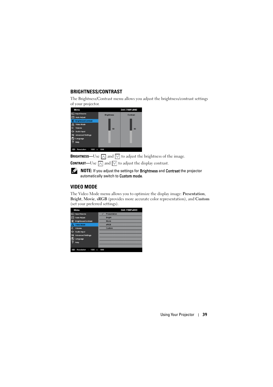 Brightness/contrast, Video mode | Dell 7700HD Projector User Manual | Page 39 / 122