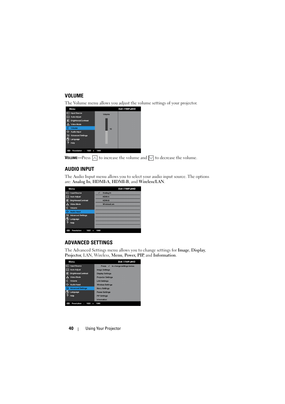 Volume, Audio input, Advanced settings | Dell 7700HD Projector User Manual | Page 40 / 122