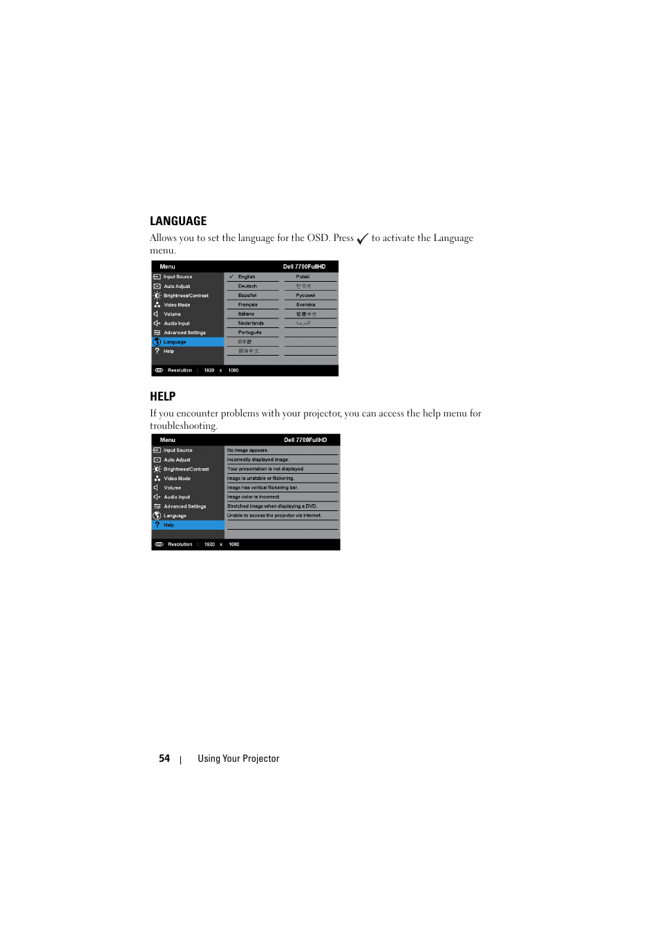 Language, Help | Dell 7700HD Projector User Manual | Page 54 / 122
