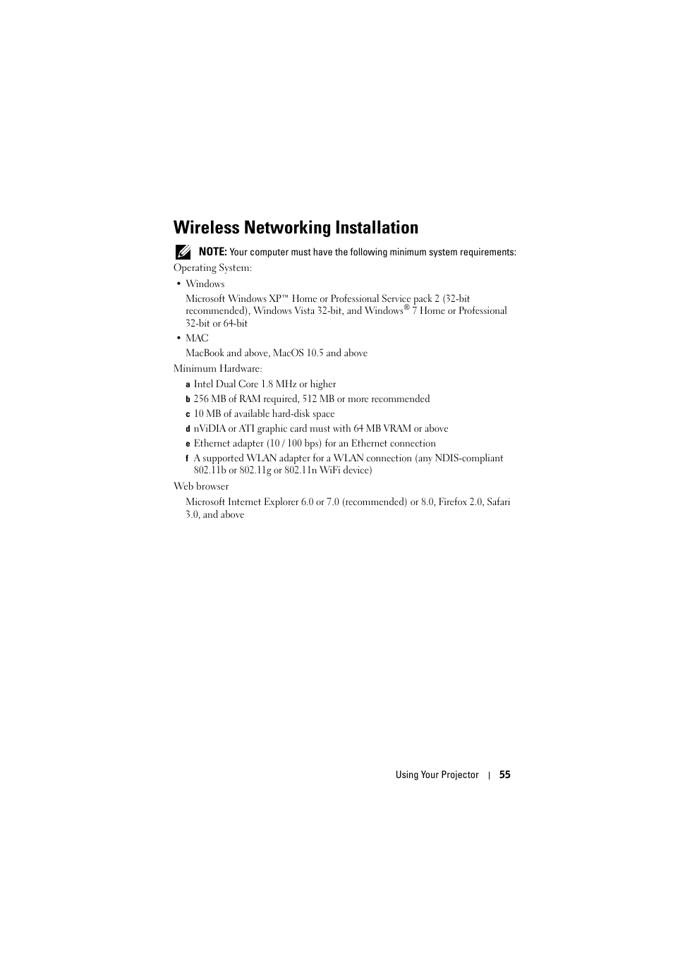 Wireless networking installation | Dell 7700HD Projector User Manual | Page 55 / 122