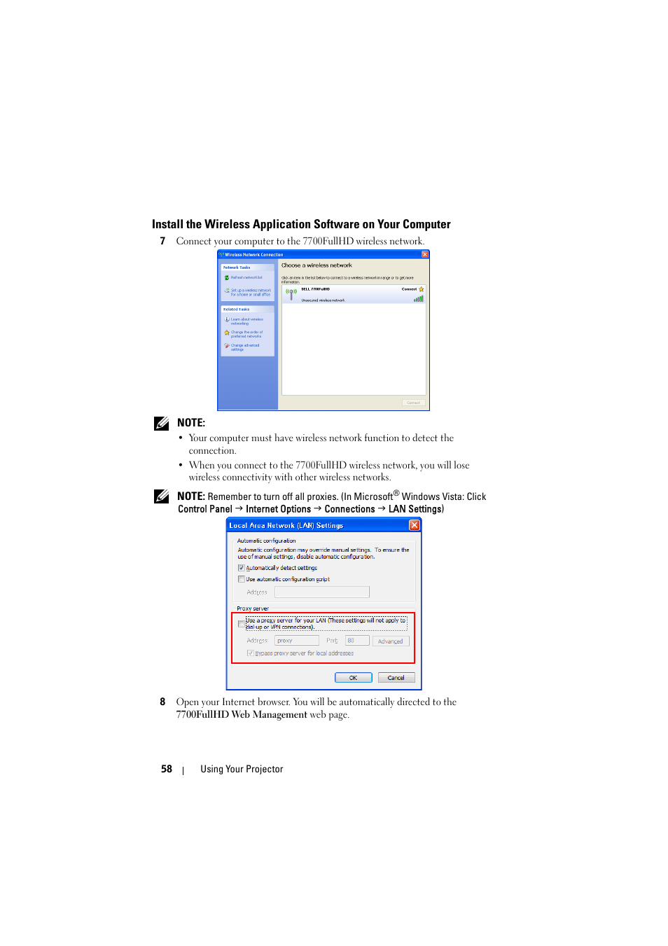 Install the wireless application software on your, Computer | Dell 7700HD Projector User Manual | Page 58 / 122