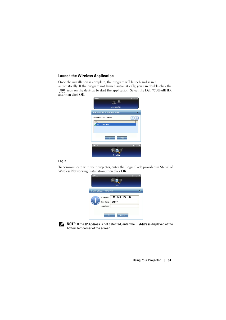 Launch the wireless application, Login | Dell 7700HD Projector User Manual | Page 61 / 122