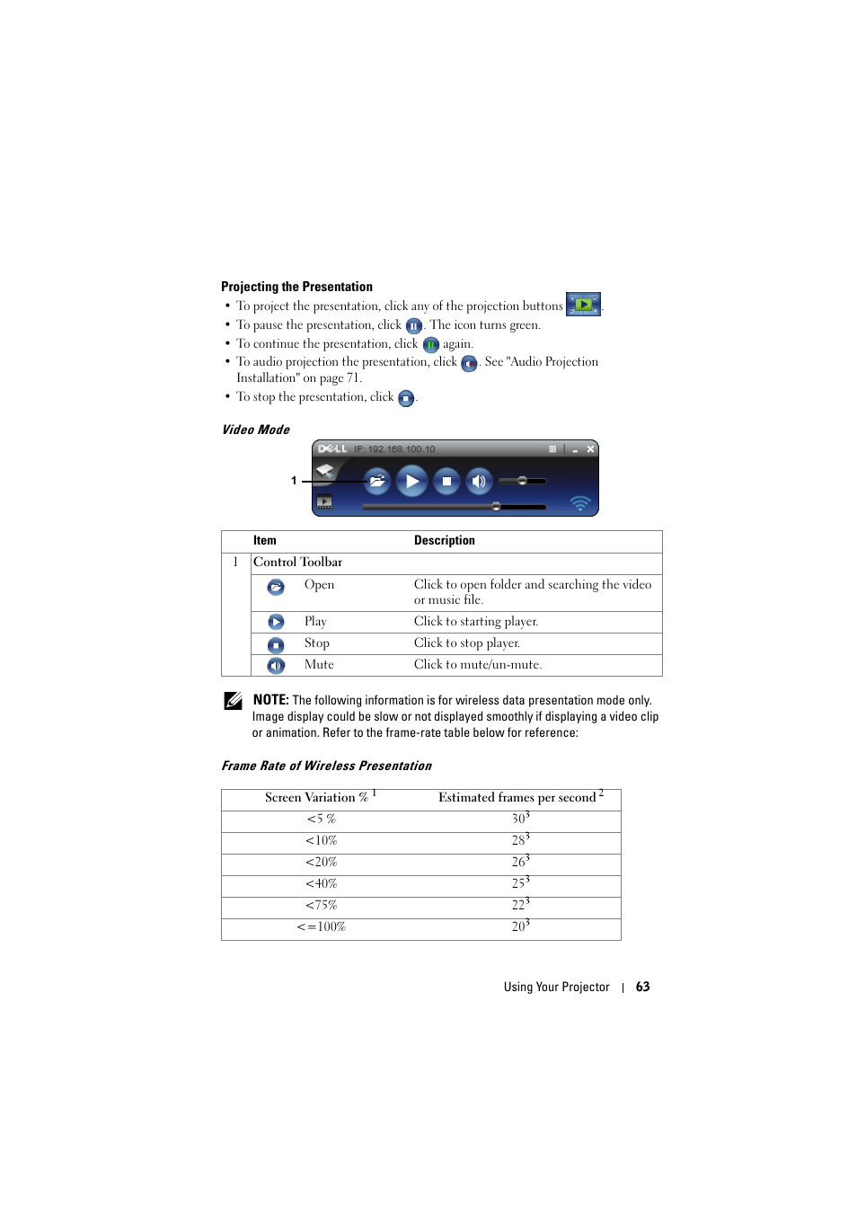 Projecting the presentation, Video mode, Frame rate of wireless presentation | Dell 7700HD Projector User Manual | Page 63 / 122