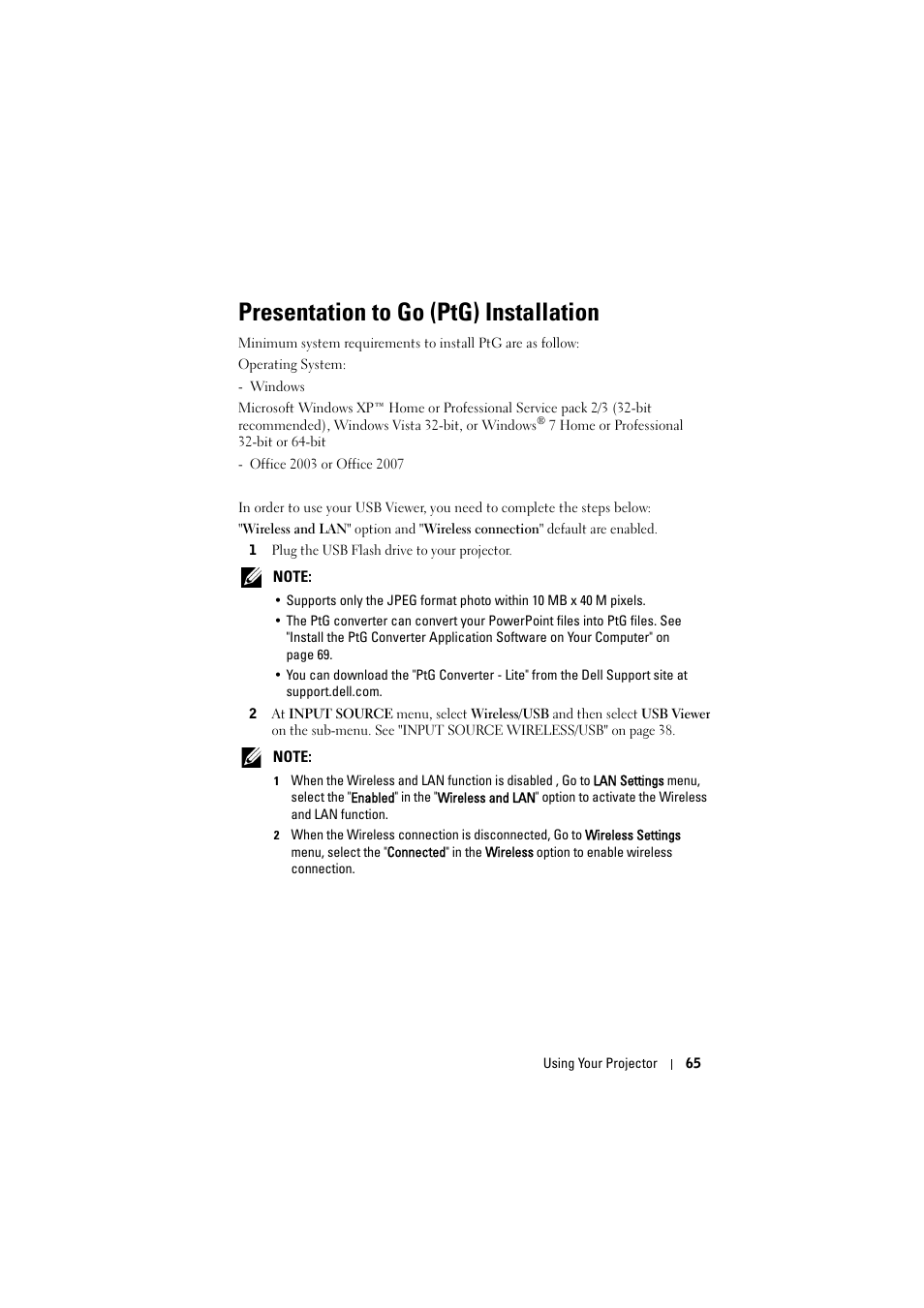 Presentation to go (ptg) installation | Dell 7700HD Projector User Manual | Page 65 / 122