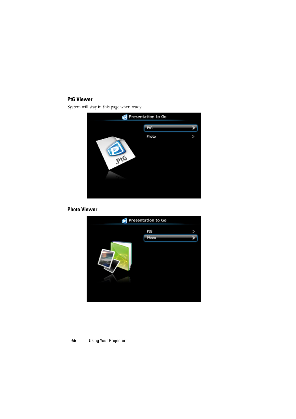 Ptg viewer, Photo viewer | Dell 7700HD Projector User Manual | Page 66 / 122
