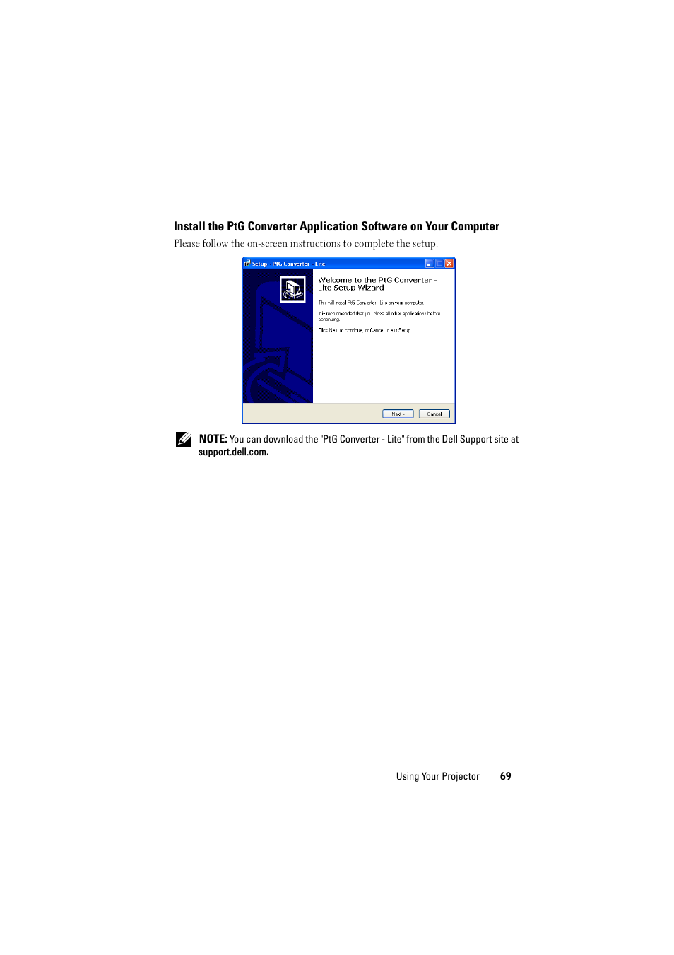 Install the ptg converter application software on, Your computer | Dell 7700HD Projector User Manual | Page 69 / 122