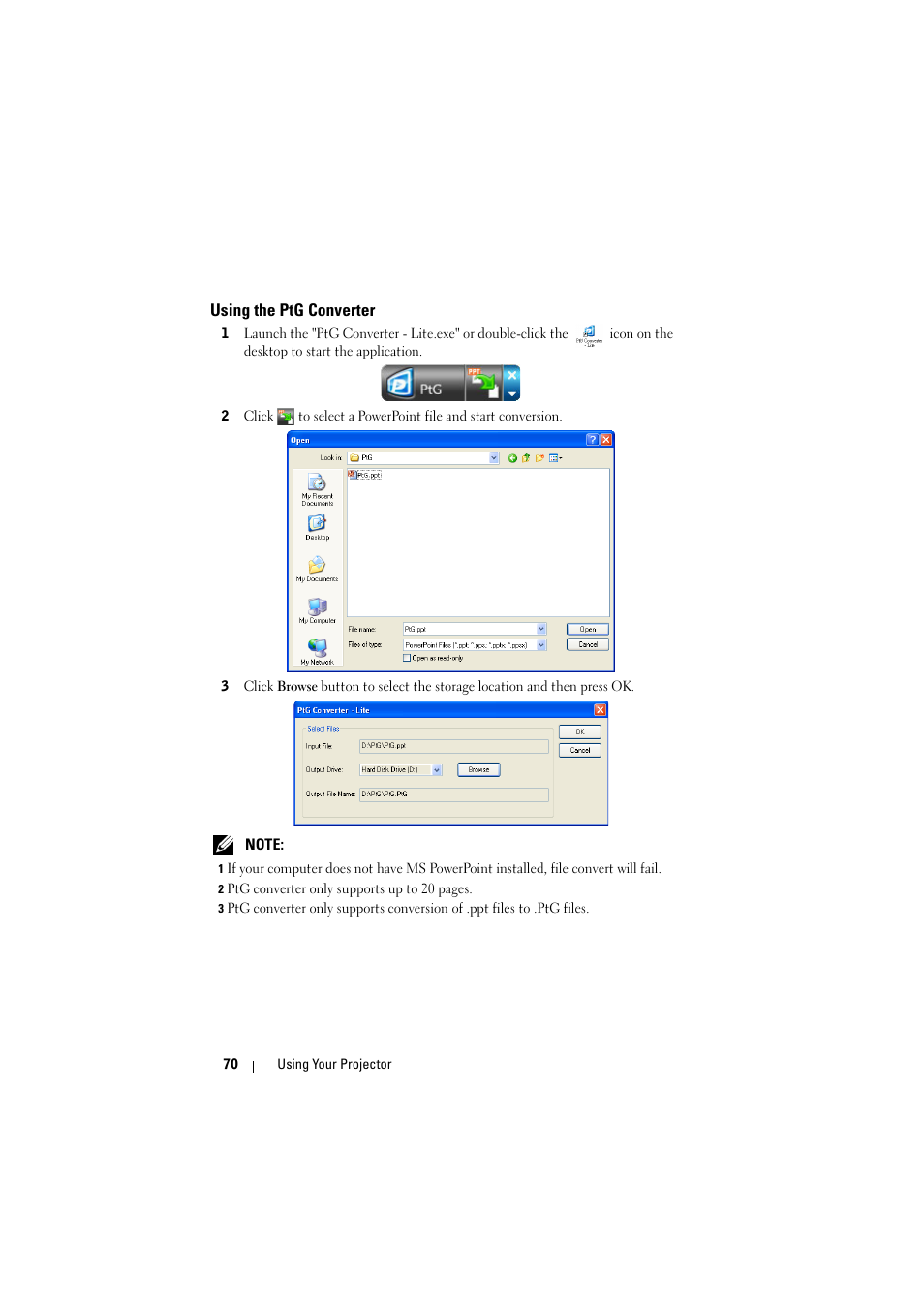 Using the ptg converter | Dell 7700HD Projector User Manual | Page 70 / 122