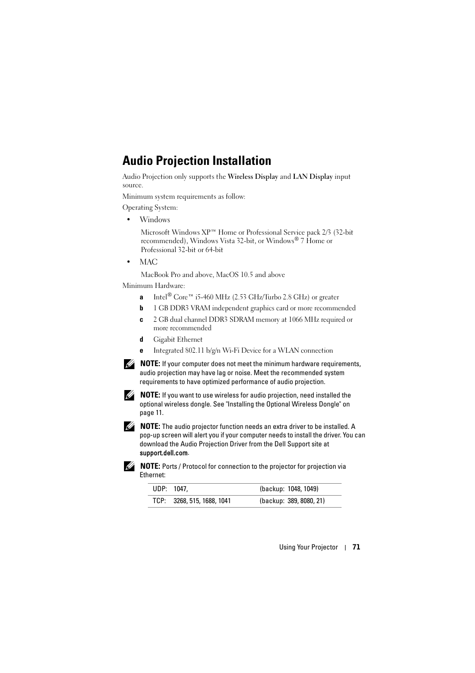 Audio projection installation | Dell 7700HD Projector User Manual | Page 71 / 122