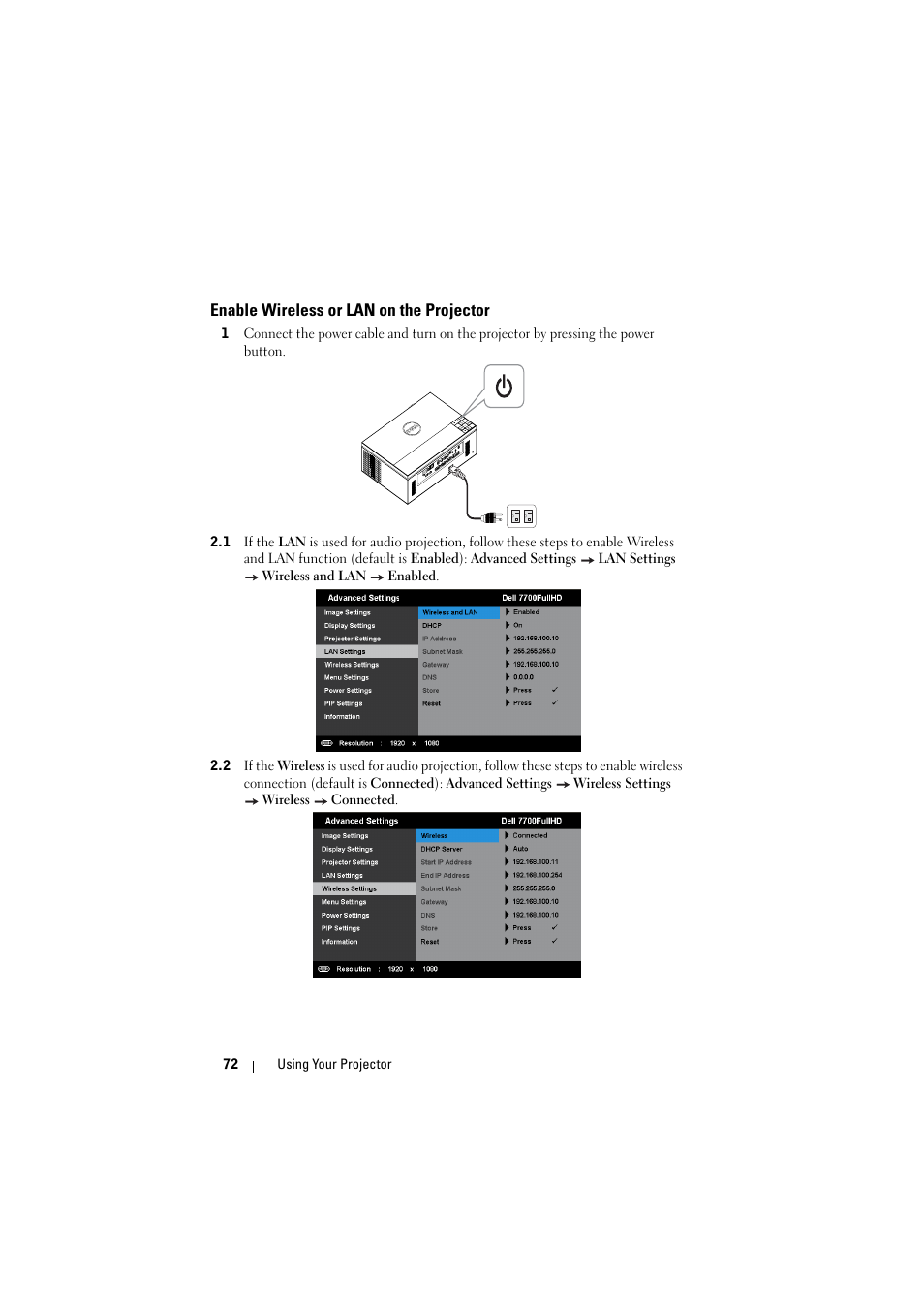 Enable wireless or lan on the projector | Dell 7700HD Projector User Manual | Page 72 / 122