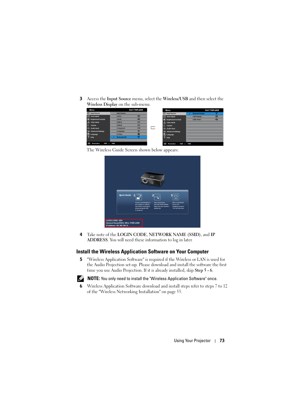Install the wireless application software on, Your computer | Dell 7700HD Projector User Manual | Page 73 / 122