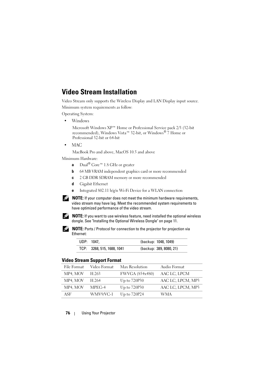 Video stream installation, Video stream support format | Dell 7700HD Projector User Manual | Page 76 / 122