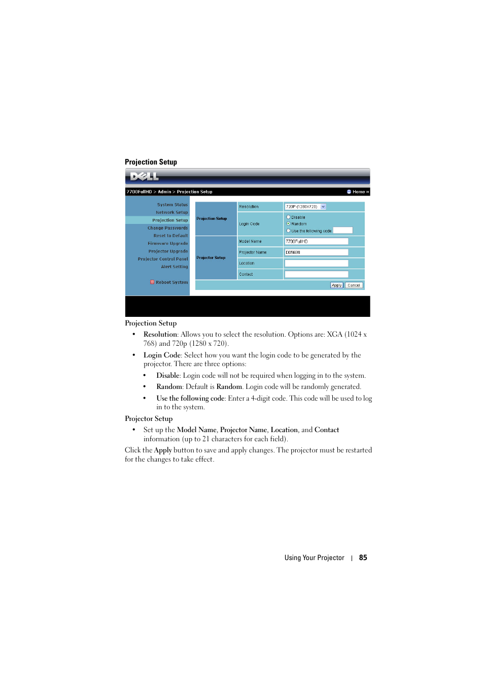 Projection setup | Dell 7700HD Projector User Manual | Page 85 / 122