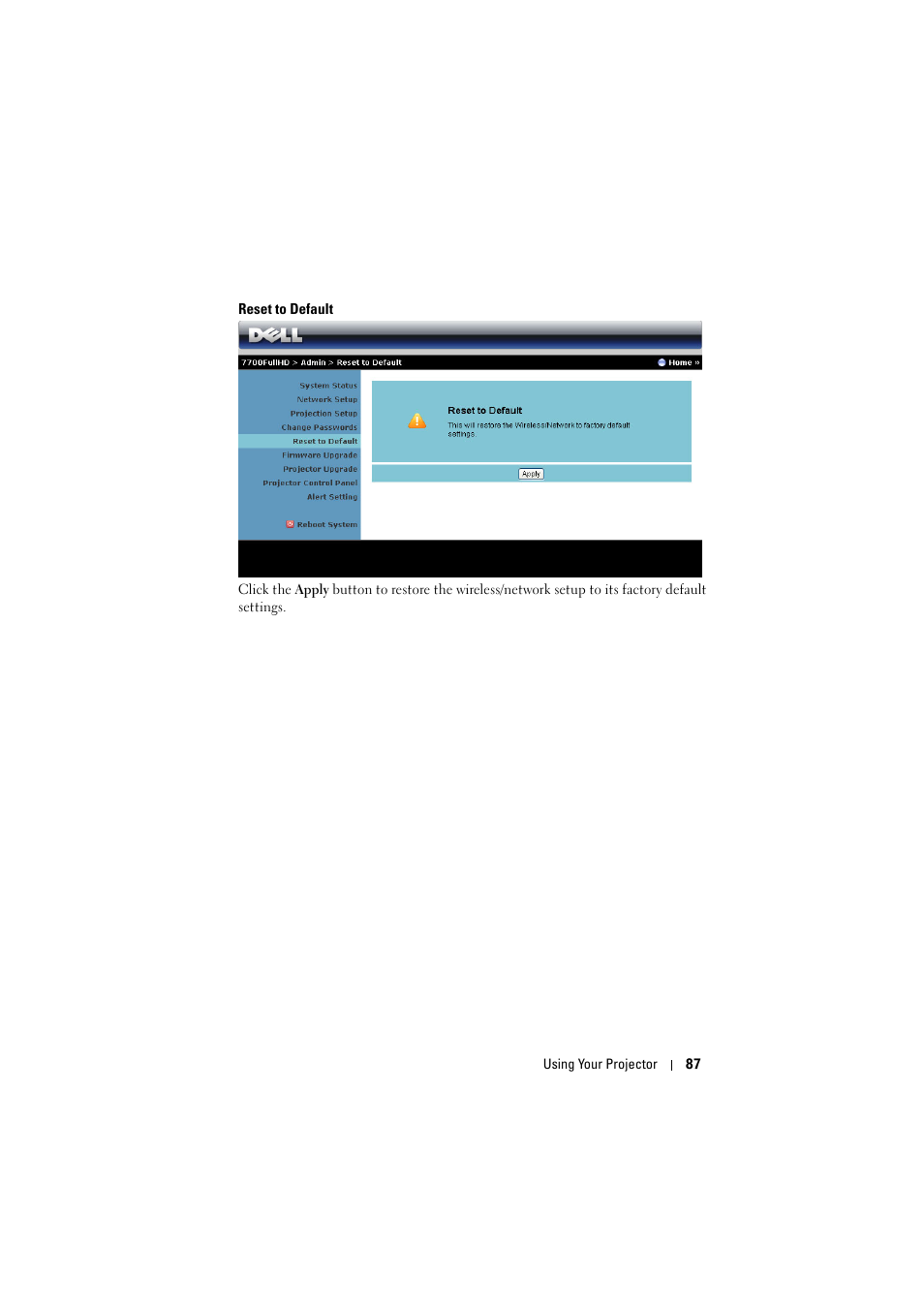 Reset to default | Dell 7700HD Projector User Manual | Page 87 / 122