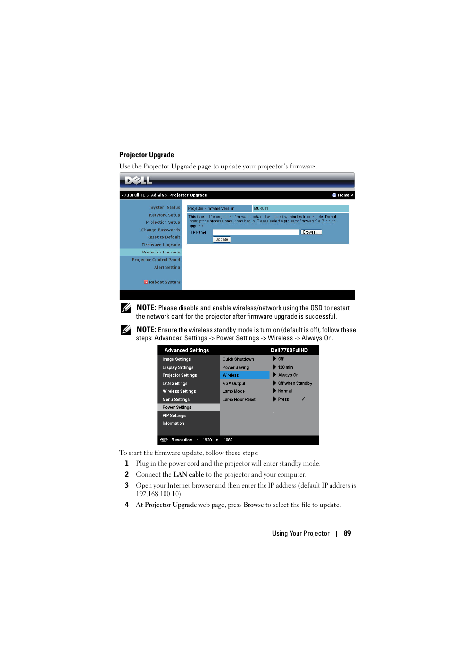 Projector upgrade | Dell 7700HD Projector User Manual | Page 89 / 122