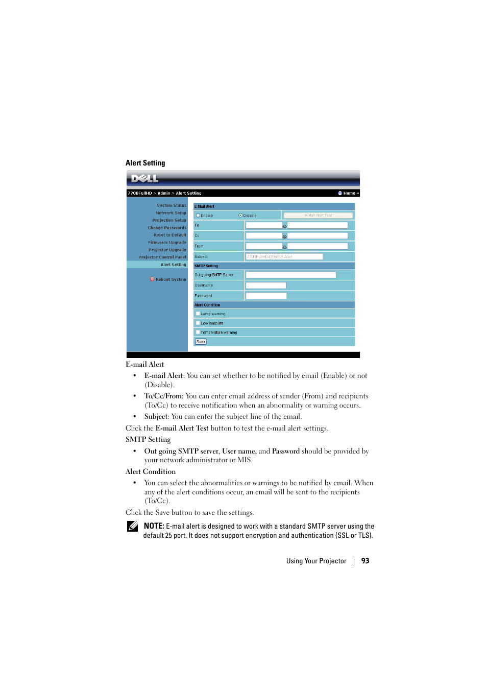 Alert setting | Dell 7700HD Projector User Manual | Page 93 / 122