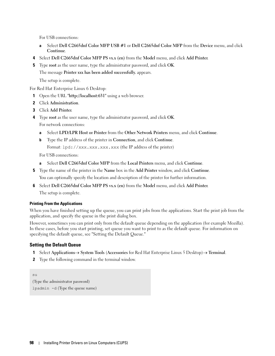 Setting the default queue | Dell C2665dnf Color Laser Printer User Manual | Page 100 / 578