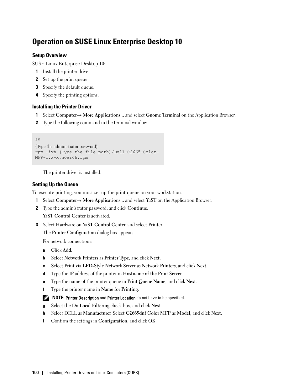 Operation on suse linux enterprise desktop 10, Setup overview, Installing the printer driver | Setting up the queue | Dell C2665dnf Color Laser Printer User Manual | Page 102 / 578