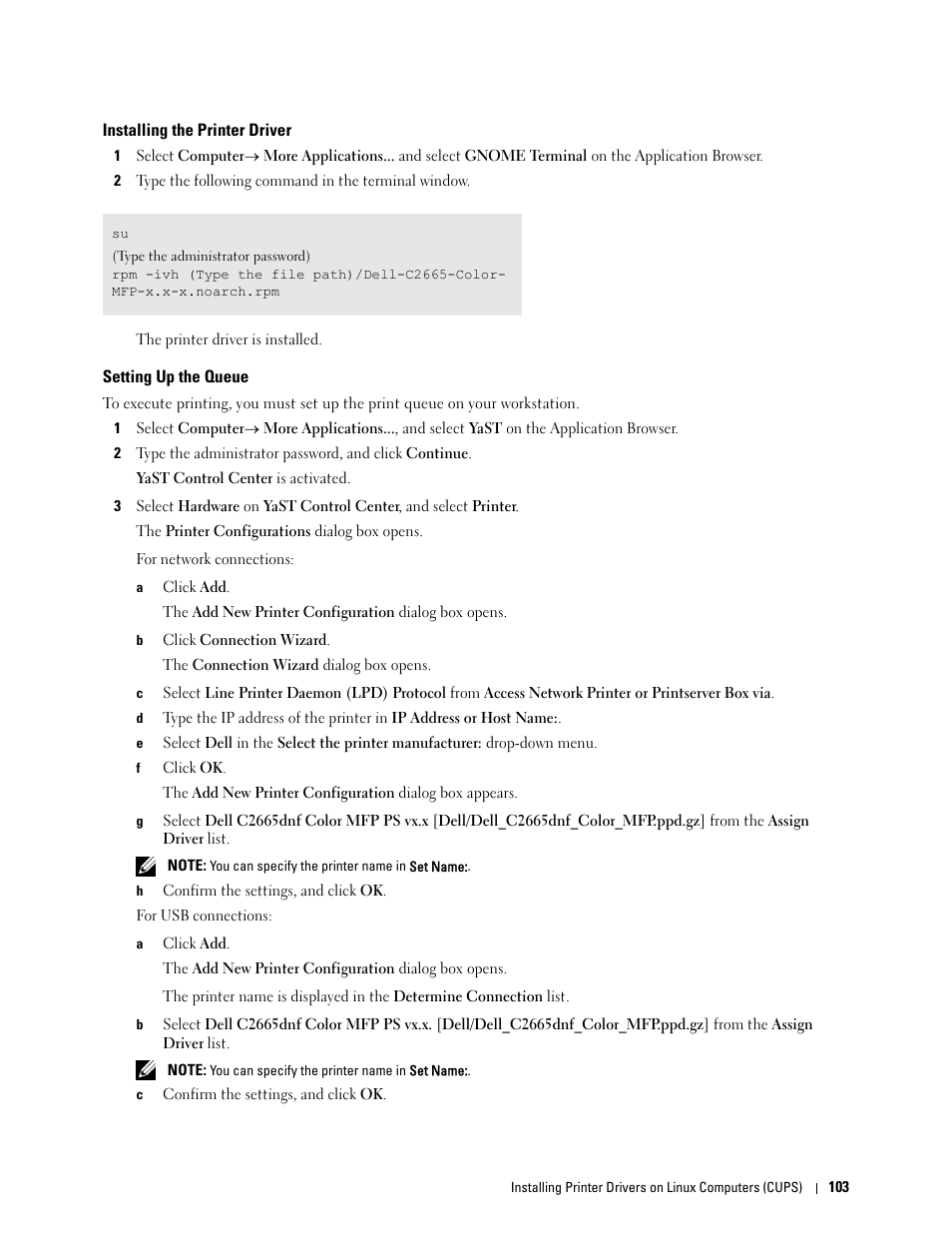 Installing the printer driver, Setting up the queue | Dell C2665dnf Color Laser Printer User Manual | Page 105 / 578