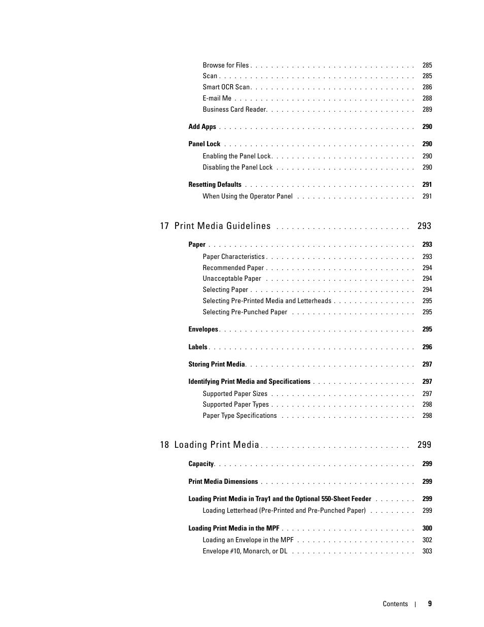 17 print media guidelines 293, 18 loading print media 299, 17 print media guidelines | 18 loading print media | Dell C2665dnf Color Laser Printer User Manual | Page 11 / 578