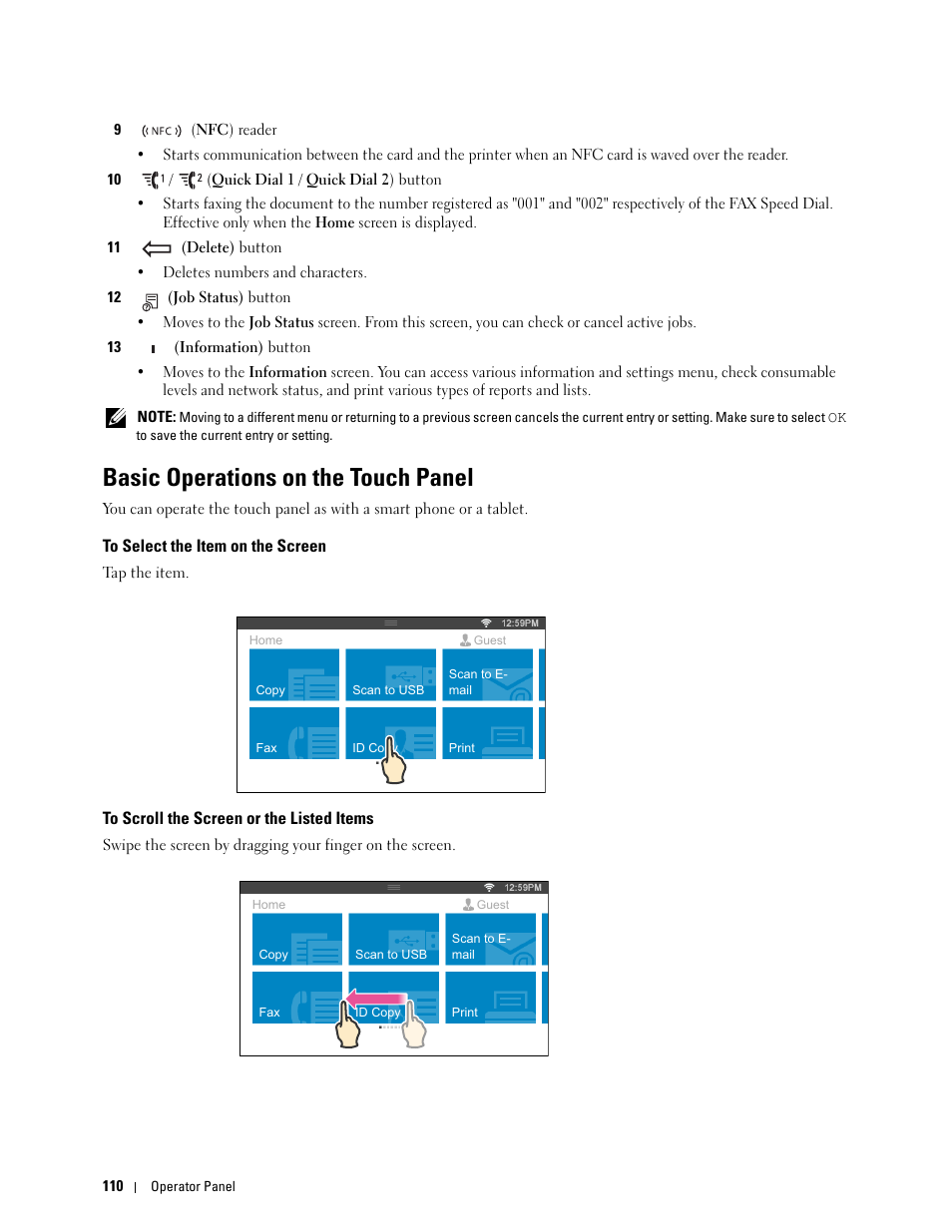 Basic operations on the touch panel, To select the item on the screen, To scroll the screen or the listed items | Dell C2665dnf Color Laser Printer User Manual | Page 112 / 578