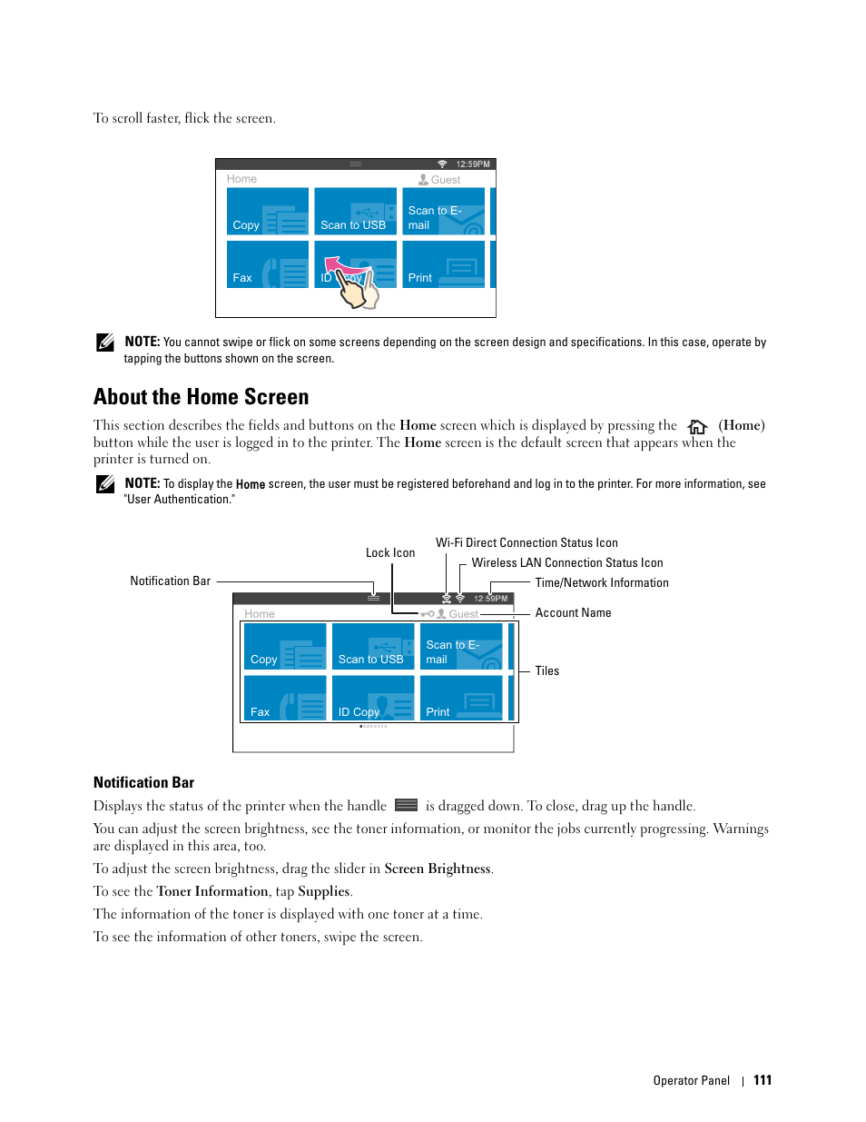 About the home screen, Notification bar | Dell C2665dnf Color Laser Printer User Manual | Page 113 / 578