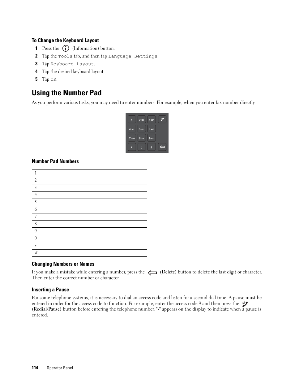 To change the keyboard layout, Using the number pad, Number pad numbers | Changing numbers or names, Inserting a pause | Dell C2665dnf Color Laser Printer User Manual | Page 116 / 578