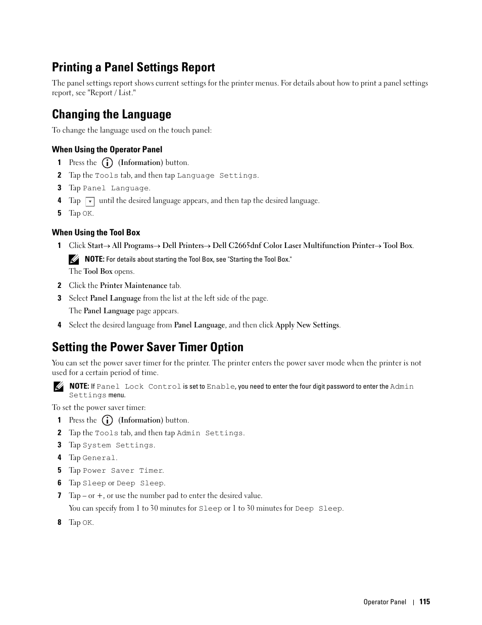 Printing a panel settings report, Changing the language, When using the operator panel | When using the tool box, Setting the power saver timer option | Dell C2665dnf Color Laser Printer User Manual | Page 117 / 578