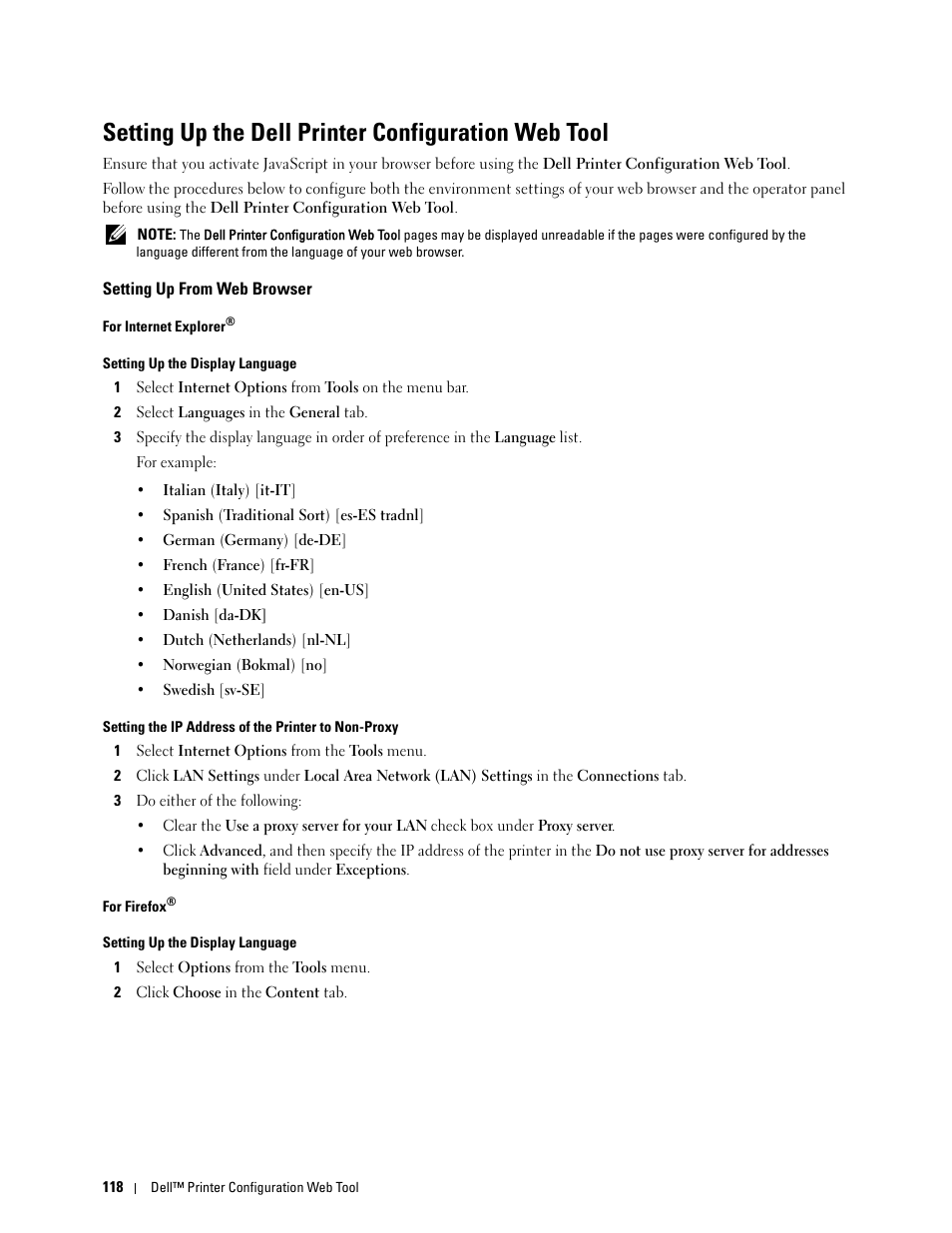 Setting up the dell printer configuration web tool, Setting up from web browser | Dell C2665dnf Color Laser Printer User Manual | Page 120 / 578