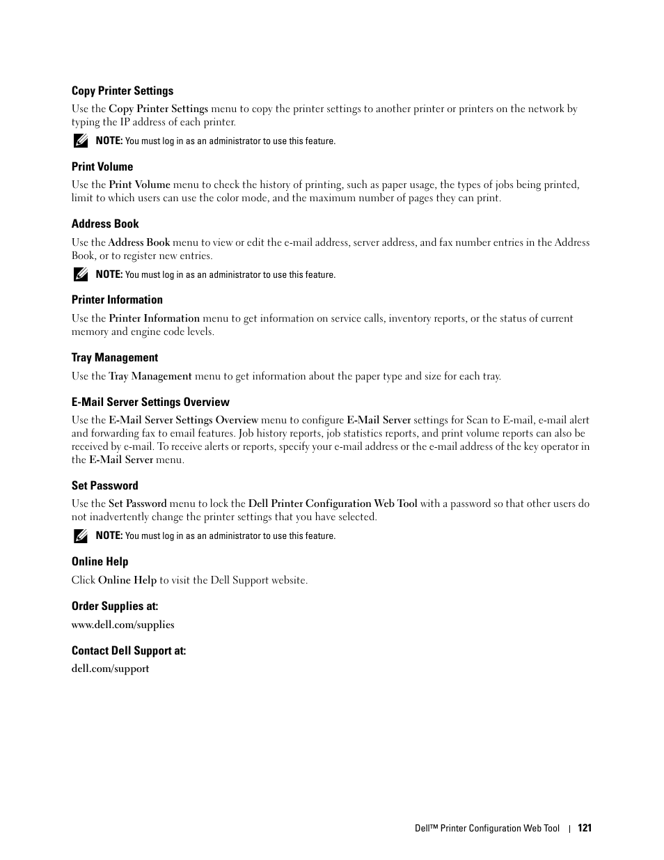 Copy printer settings, Print volume, Address book | Printer information, Tray management, E-mail server settings overview, Set password, Online help, Order supplies at, Contact dell support at | Dell C2665dnf Color Laser Printer User Manual | Page 123 / 578