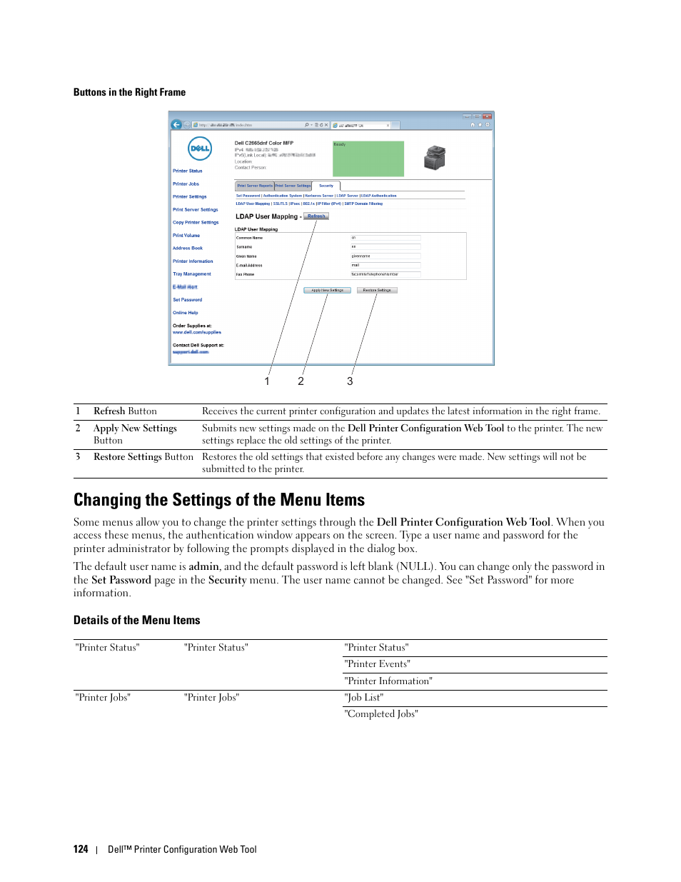 Changing the settings of the menu items, Details of the menu items | Dell C2665dnf Color Laser Printer User Manual | Page 126 / 578