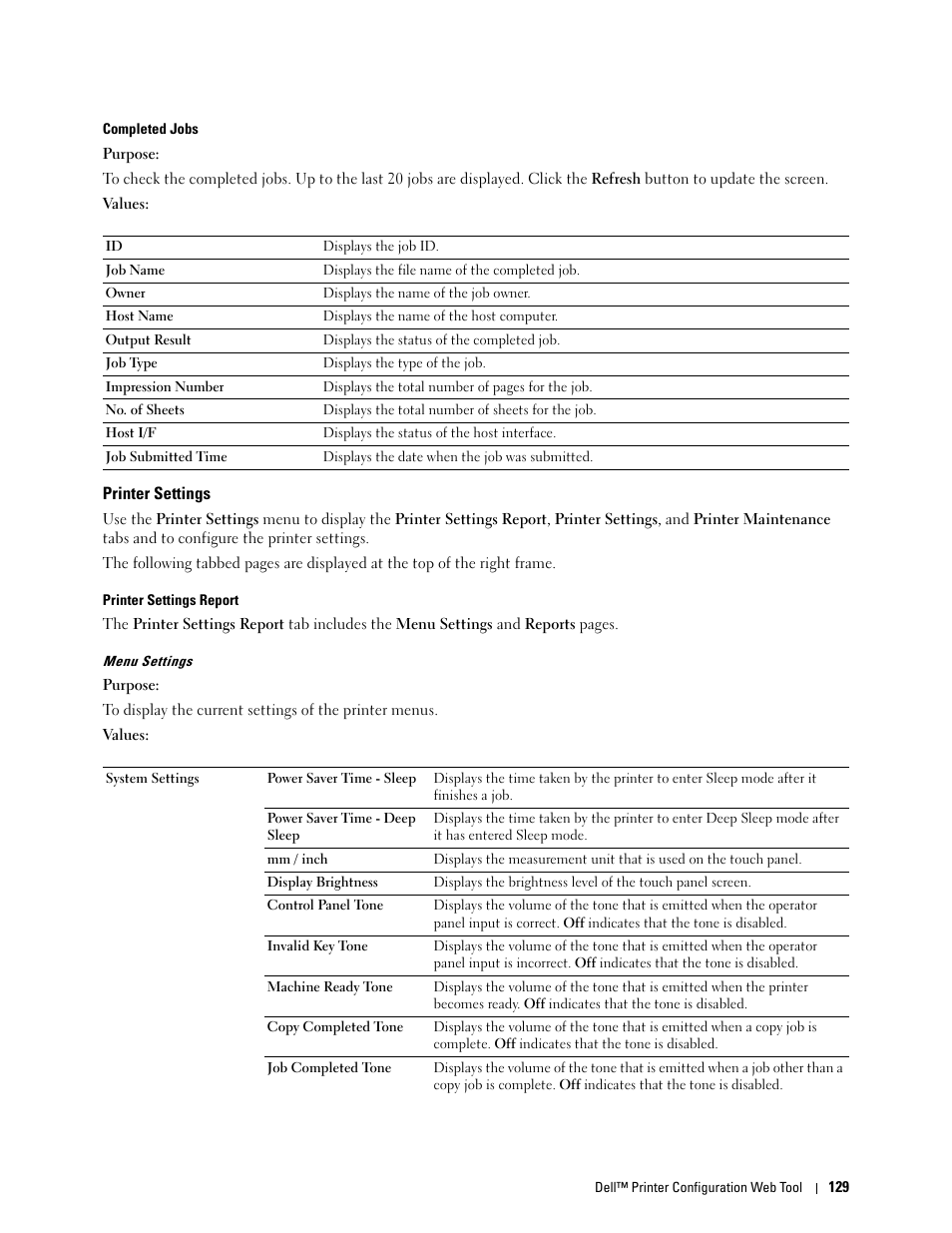 Printer settings, Completed jobs, Printer settings report | Menu settings | Dell C2665dnf Color Laser Printer User Manual | Page 131 / 578