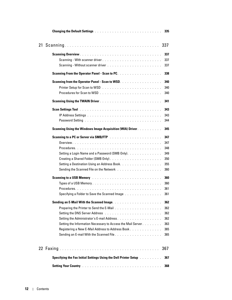 21 scanning 337, 22 faxing 367, 21 scanning | 22 faxing | Dell C2665dnf Color Laser Printer User Manual | Page 14 / 578