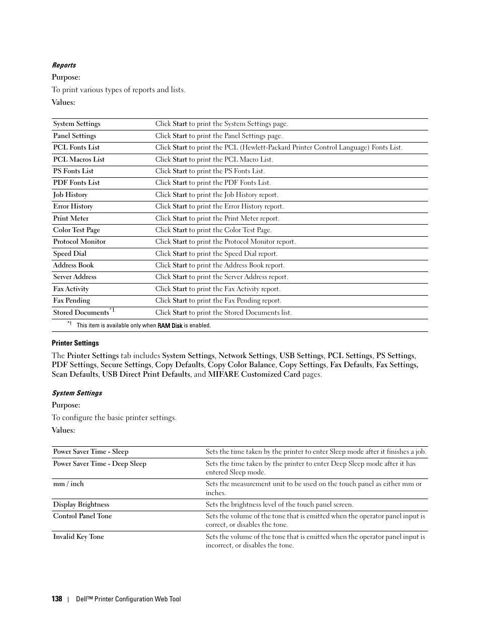 Reports, Printer settings, System settings | Dell C2665dnf Color Laser Printer User Manual | Page 140 / 578