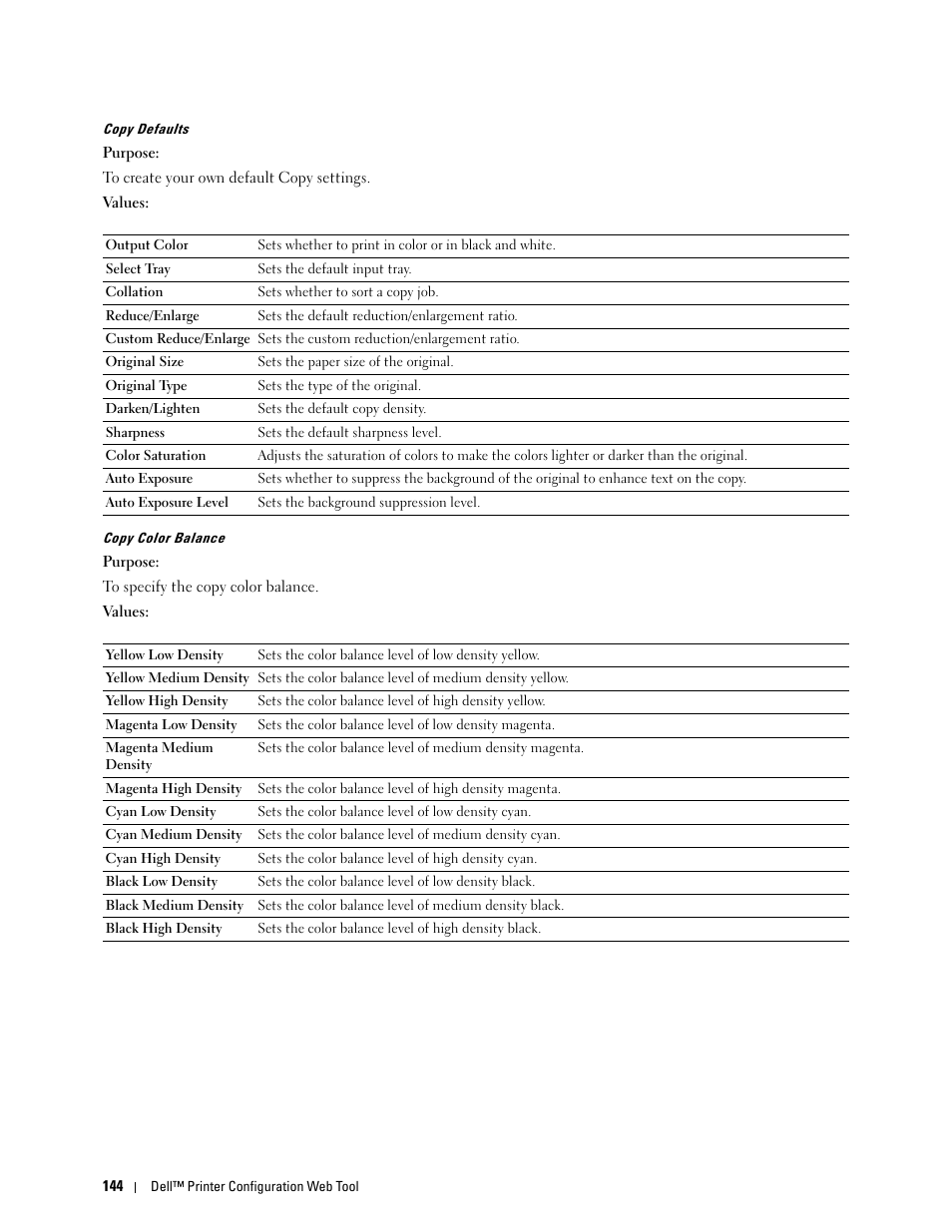 Copy defaults" "copy color balance | Dell C2665dnf Color Laser Printer User Manual | Page 146 / 578