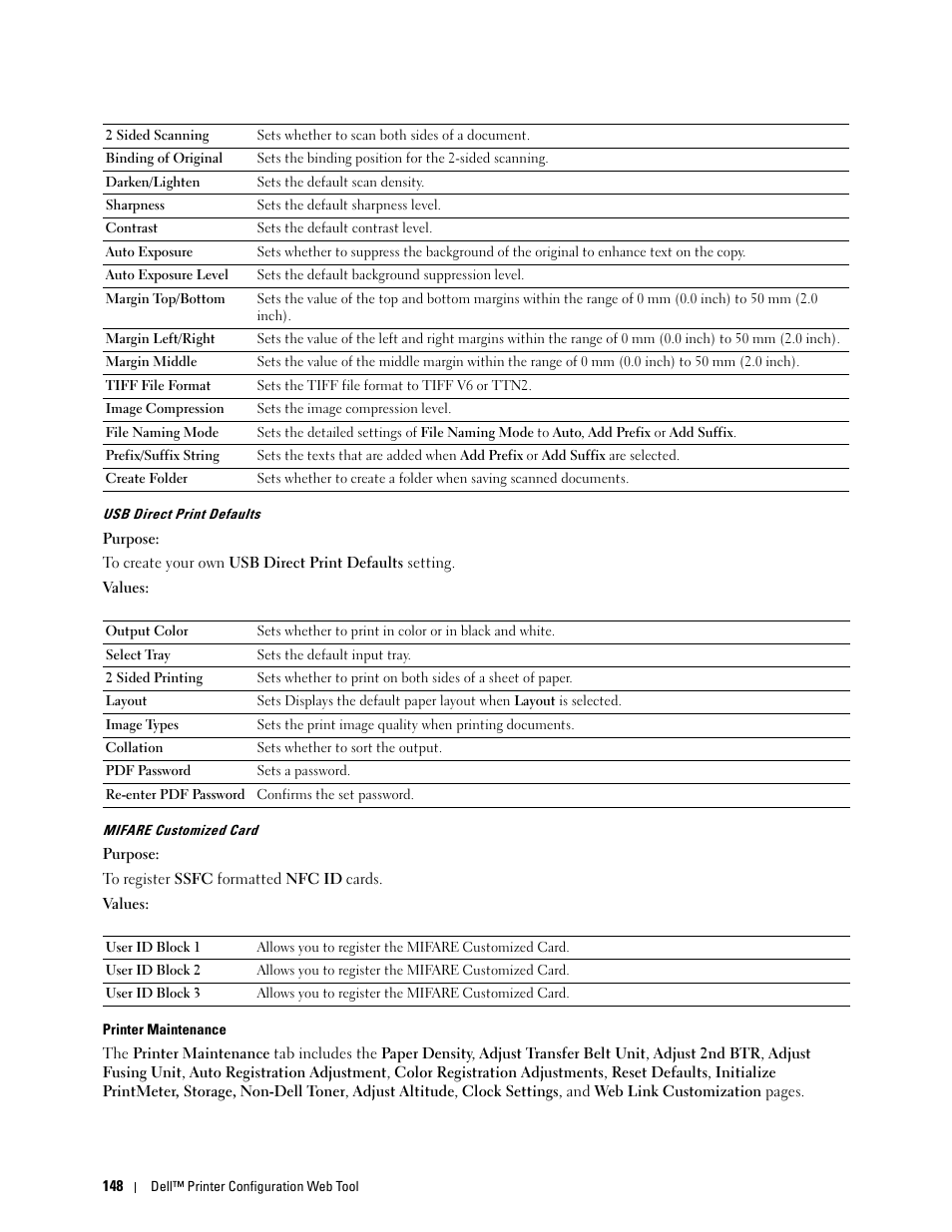 Usb direct print defaults" "mifare customized card, Printer maintenance | Dell C2665dnf Color Laser Printer User Manual | Page 150 / 578