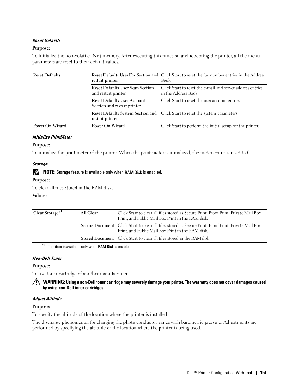 Reset defaults" "initialize printmeter" "storage, Non-dell toner" "adjust altitude | Dell C2665dnf Color Laser Printer User Manual | Page 153 / 578