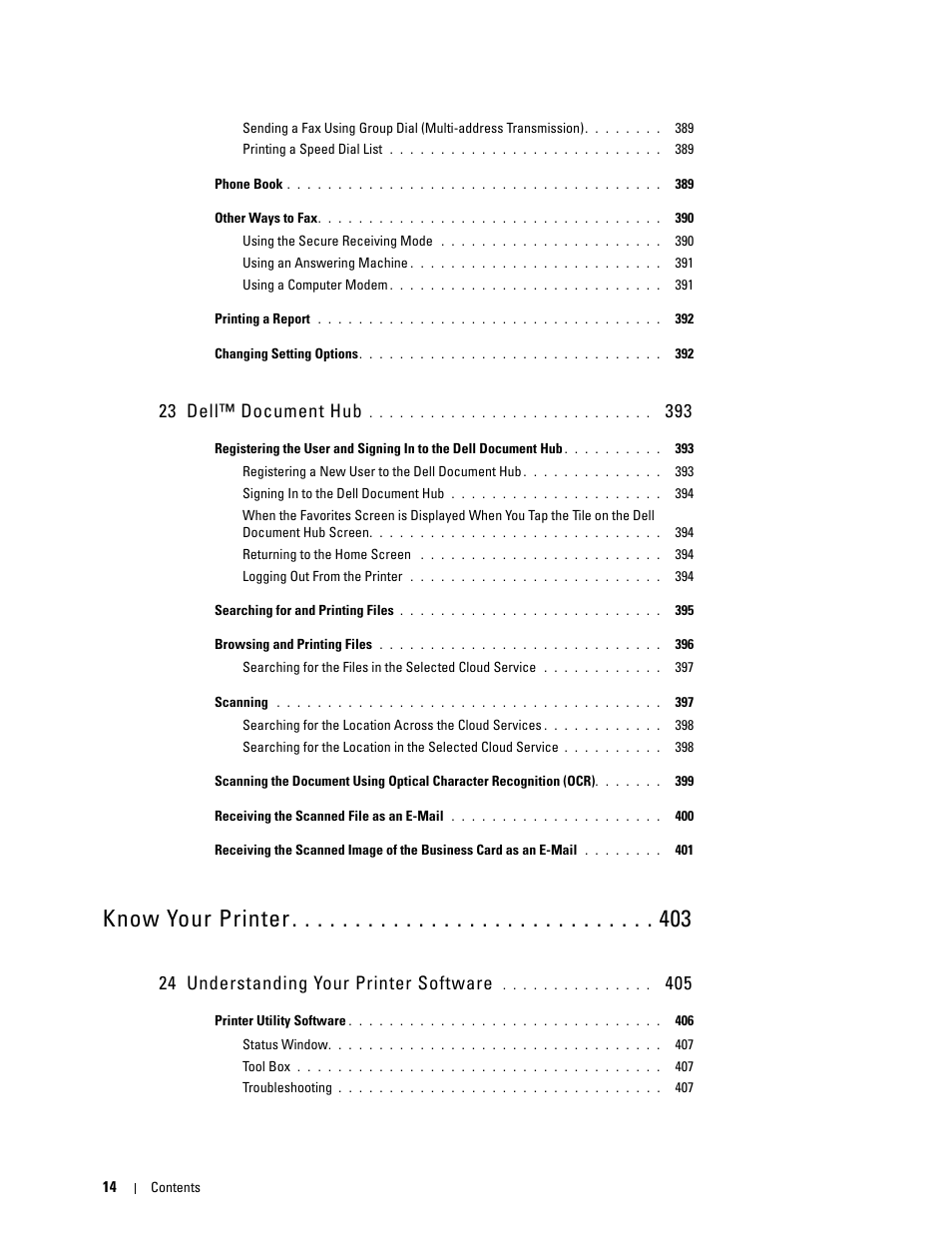 23 dell™ document hub 393, 24 understanding your printer software 405, Know your printer | 23 dell™ document hub, 24 understanding your printer software | Dell C2665dnf Color Laser Printer User Manual | Page 16 / 578