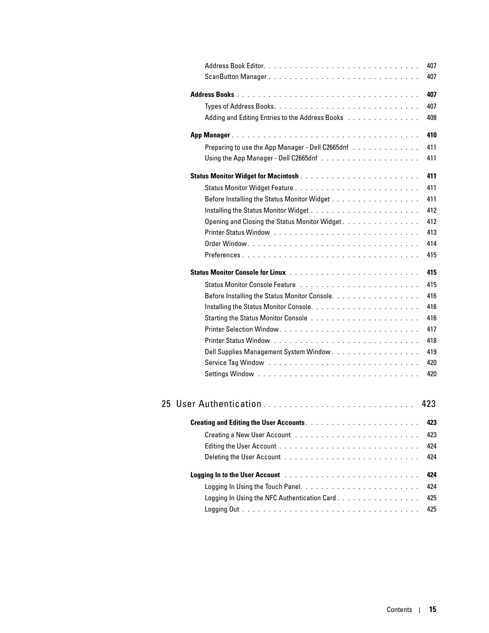 25 user authentication 423, 25 user authentication | Dell C2665dnf Color Laser Printer User Manual | Page 17 / 578