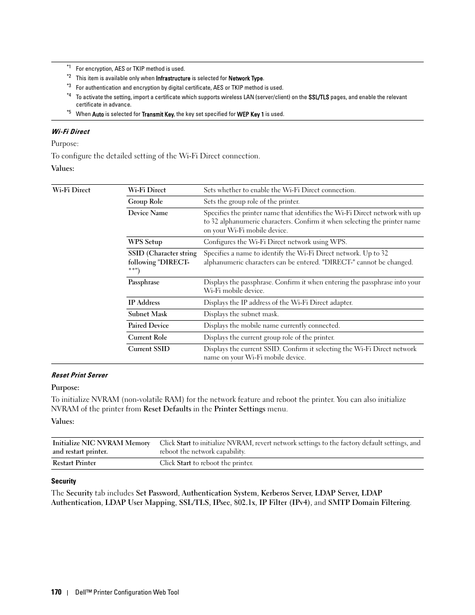 Wi-fi direct" "reset print server, Security | Dell C2665dnf Color Laser Printer User Manual | Page 172 / 578