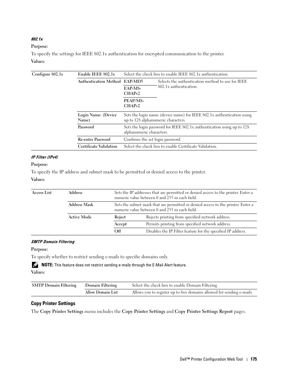 Copy printer settings, Ip filter (ipv4)" "smtp domain filtering, Copy printer settings" "copy printer settings | Dell C2665dnf Color Laser Printer User Manual | Page 177 / 578