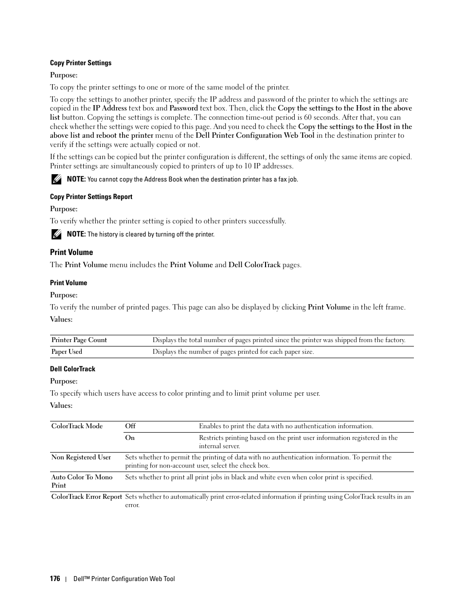 Print volume, Dell colortrack | Dell C2665dnf Color Laser Printer User Manual | Page 178 / 578