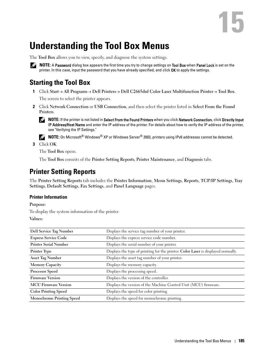 Understanding the tool box menus, Starting the tool box, Printer setting reports | Printer information, 15 understanding the tool box menus | Dell C2665dnf Color Laser Printer User Manual | Page 187 / 578