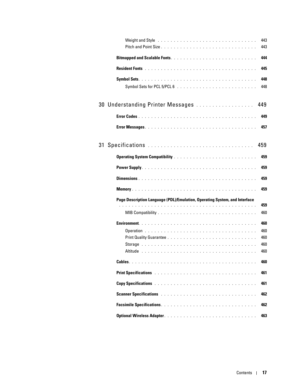 30 understanding printer messages 449, 31 specifications 459, 30 understanding printer messages | 31 specifications | Dell C2665dnf Color Laser Printer User Manual | Page 19 / 578