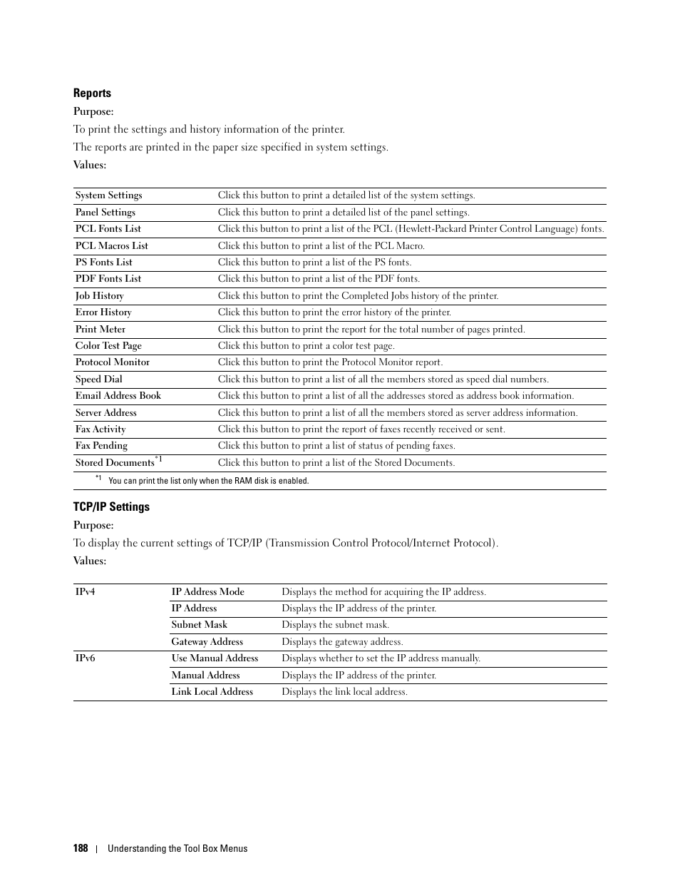 Reports, Tcp/ip settings | Dell C2665dnf Color Laser Printer User Manual | Page 190 / 578