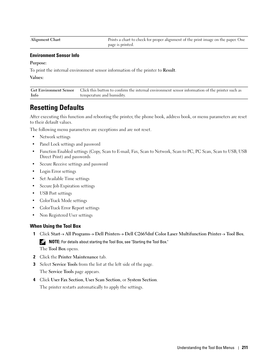 Environment sensor info, Resetting defaults, When using the tool box | Dell C2665dnf Color Laser Printer User Manual | Page 213 / 578