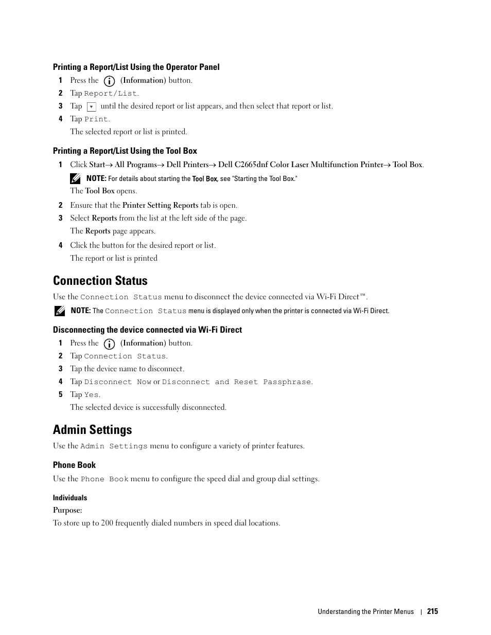 Printing a report/list using the operator panel, Printing a report/list using the tool box, Connection status | Admin settings, Phone book | Dell C2665dnf Color Laser Printer User Manual | Page 217 / 578