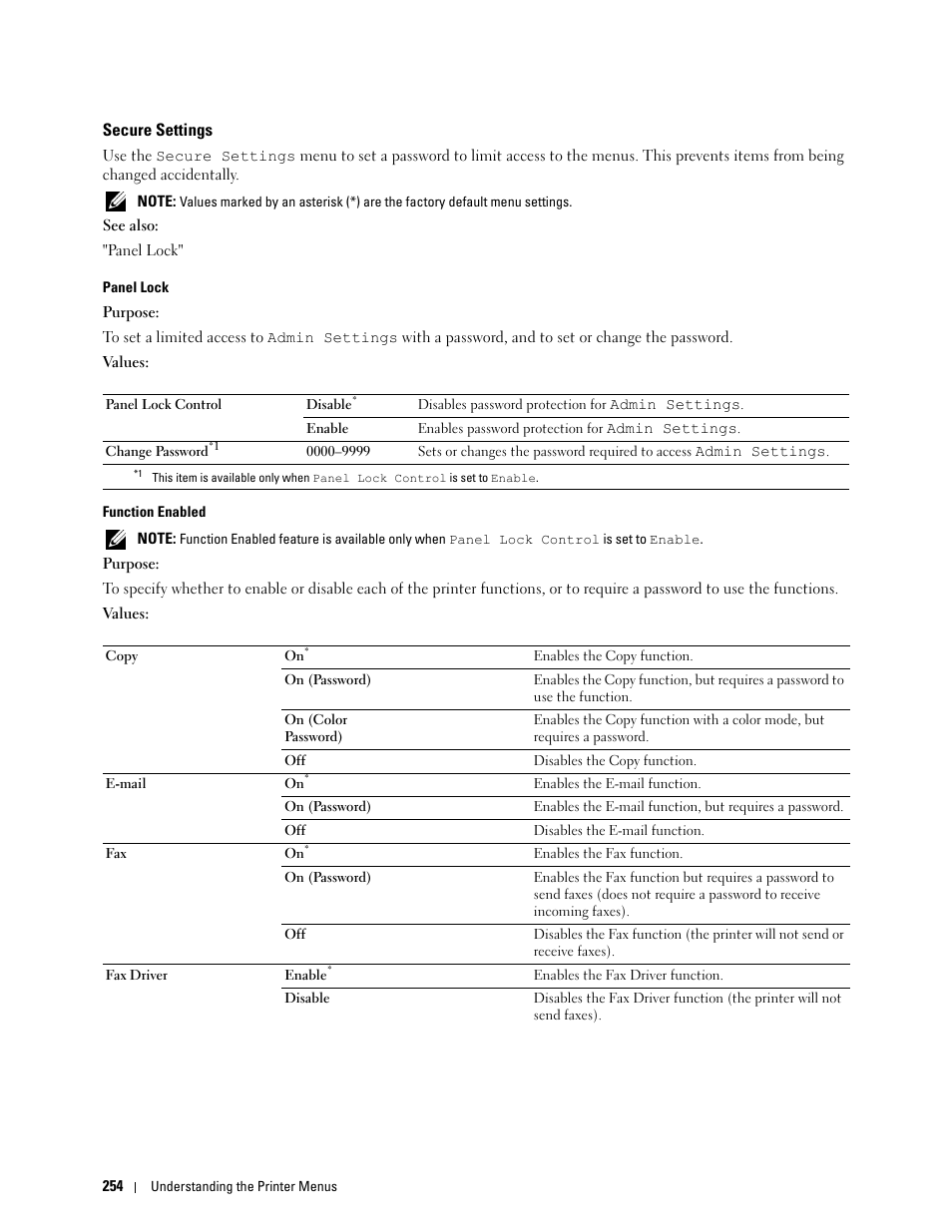 Secure settings | Dell C2665dnf Color Laser Printer User Manual | Page 256 / 578