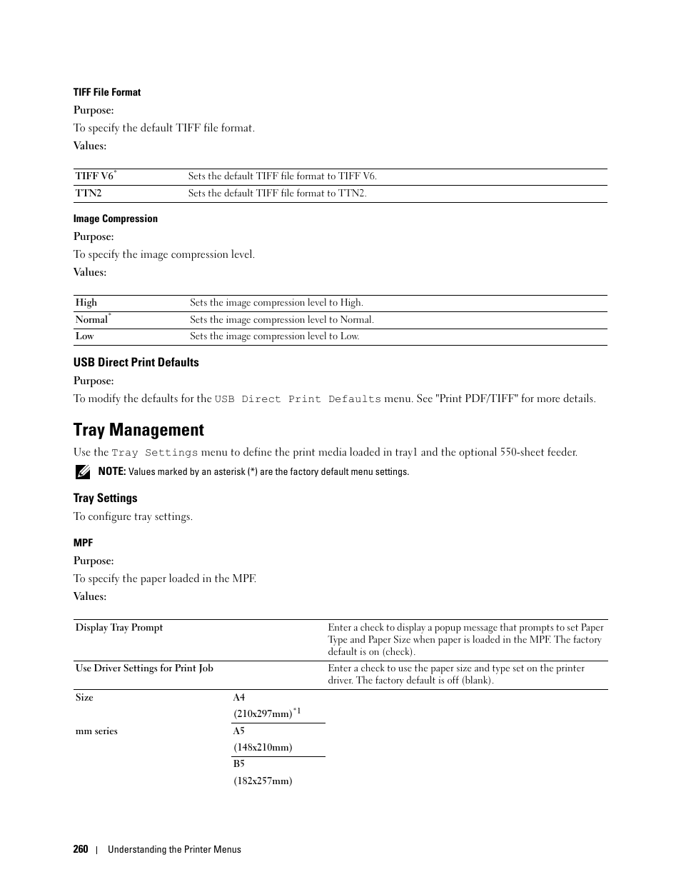 Usb direct print defaults, Tray management, Tray settings | Dell C2665dnf Color Laser Printer User Manual | Page 262 / 578